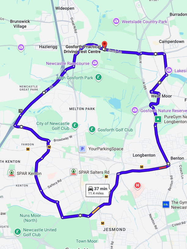 Gosforth driving test routes shown on Google Maps