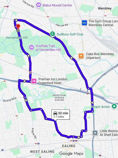 Greenford (London) driving test routes shown on Google Maps