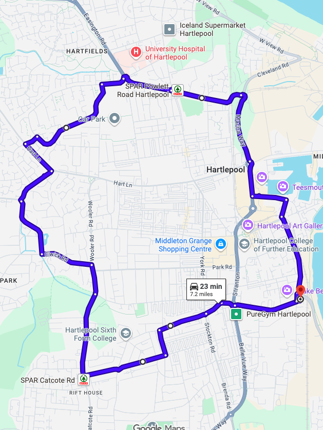 Hartlepool driving test routes shown on Google Maps