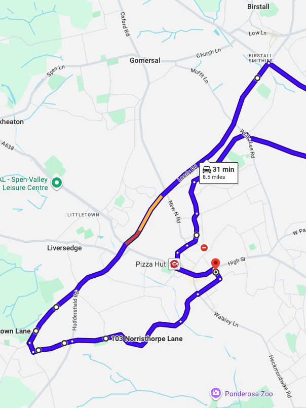 Heckmondwike driving test routes shown on Google Maps
