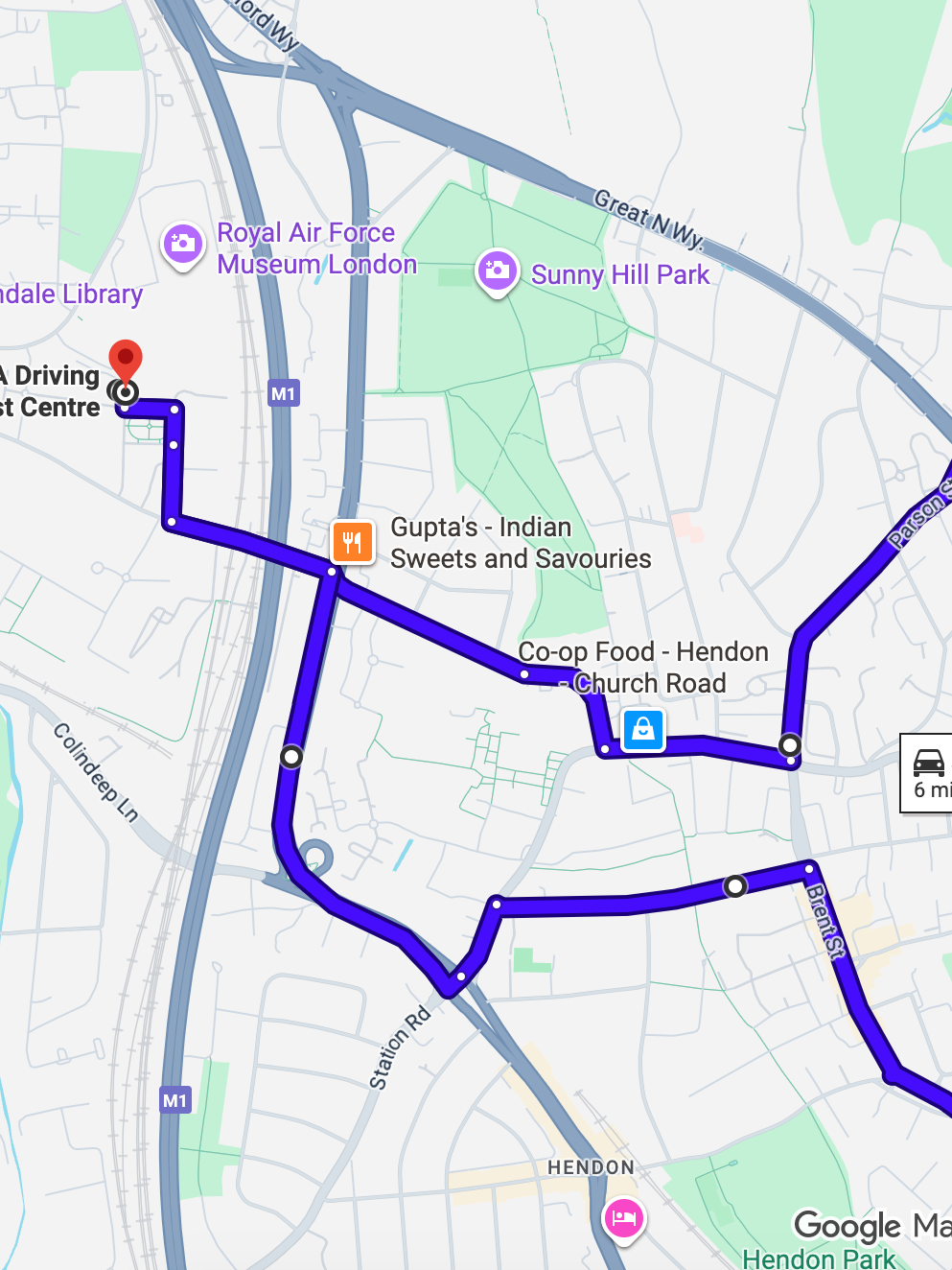 Hendon (London) driving test routes shown on Google Maps