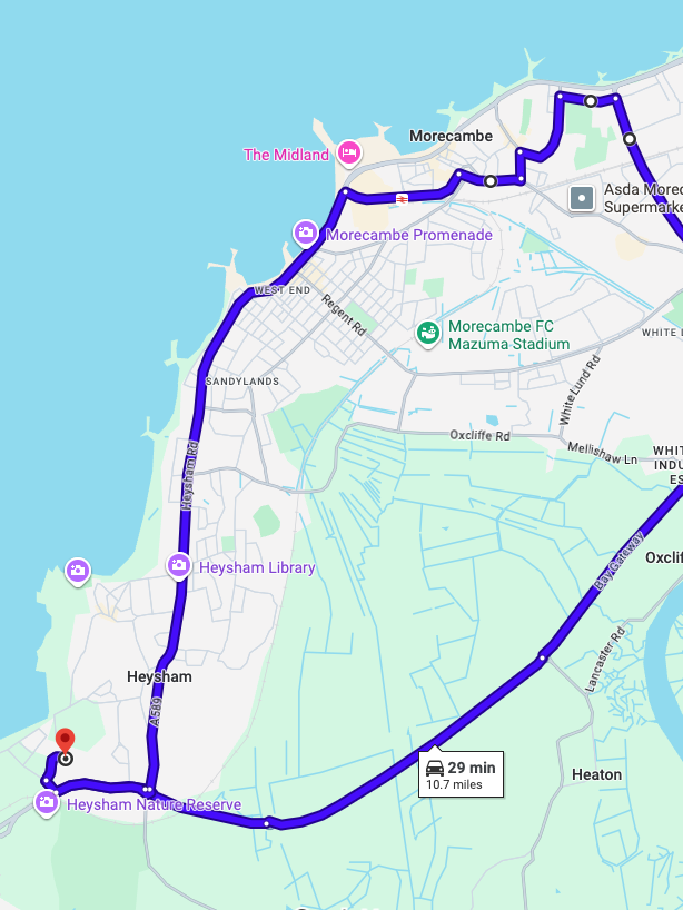 Heysham driving test routes shown on Google Maps