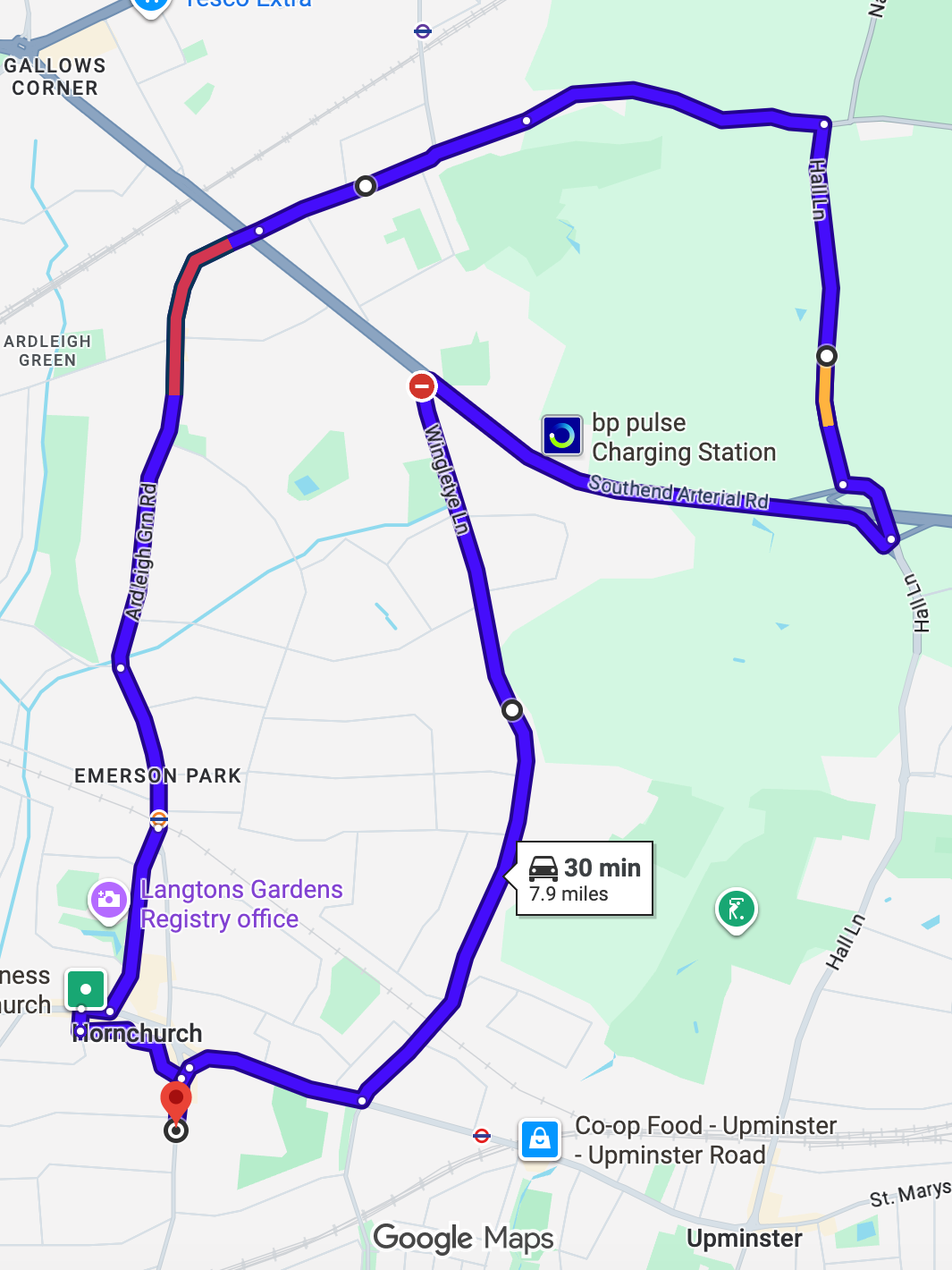 Hornchurch (London) driving test routes shown on Google Maps