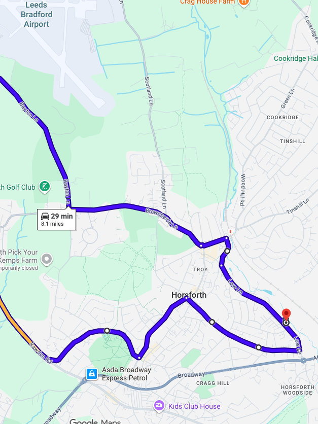 Horsforth driving test routes shown on Google Maps
