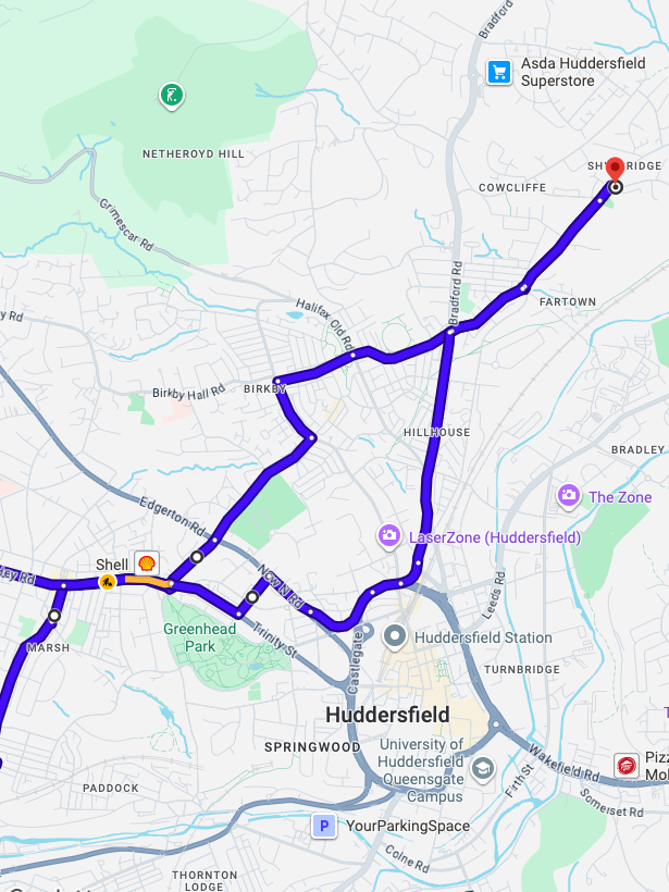 Huddersfield driving test routes shown on Google Maps
