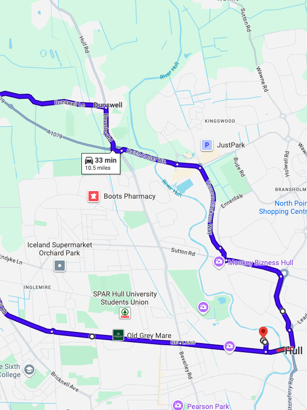 Hull driving test routes shown on Google Maps

