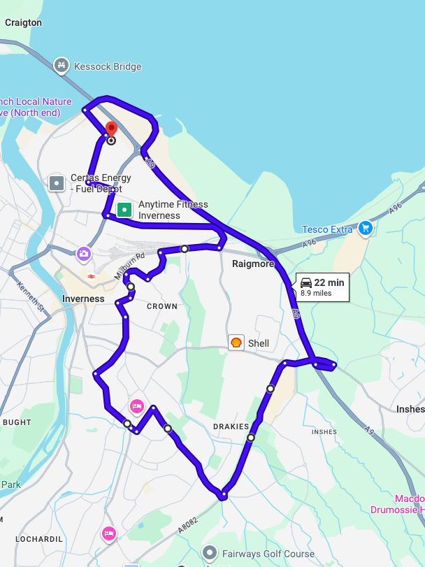 Glasgow Inverness (Longman Drive) driving test routes shown on Google Maps
