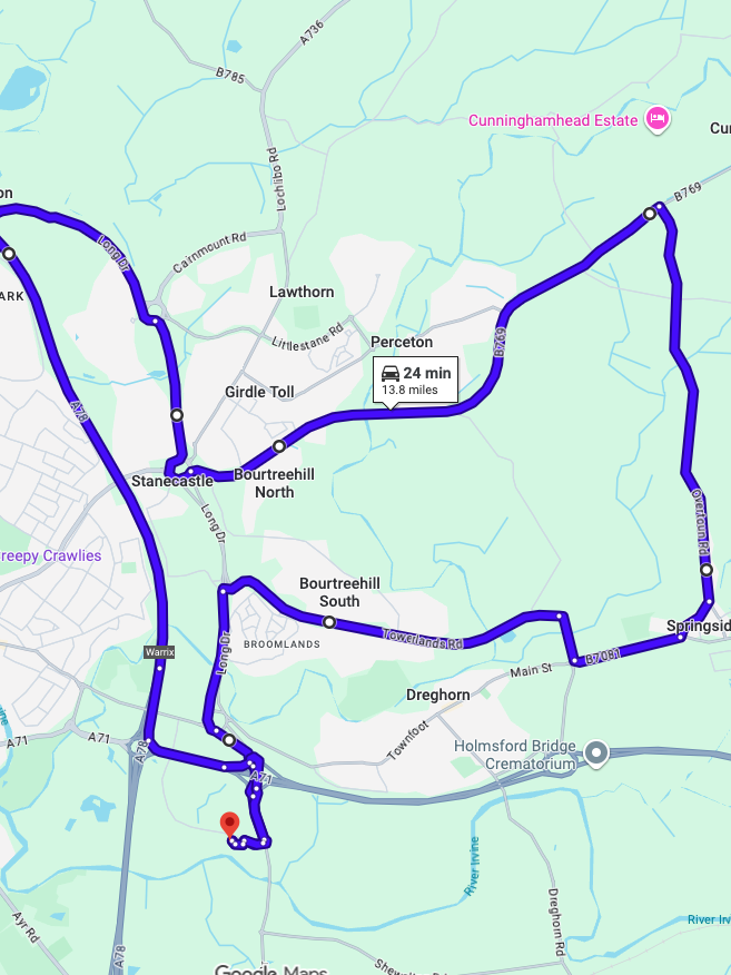 Irvine driving test routes shown on Google Maps