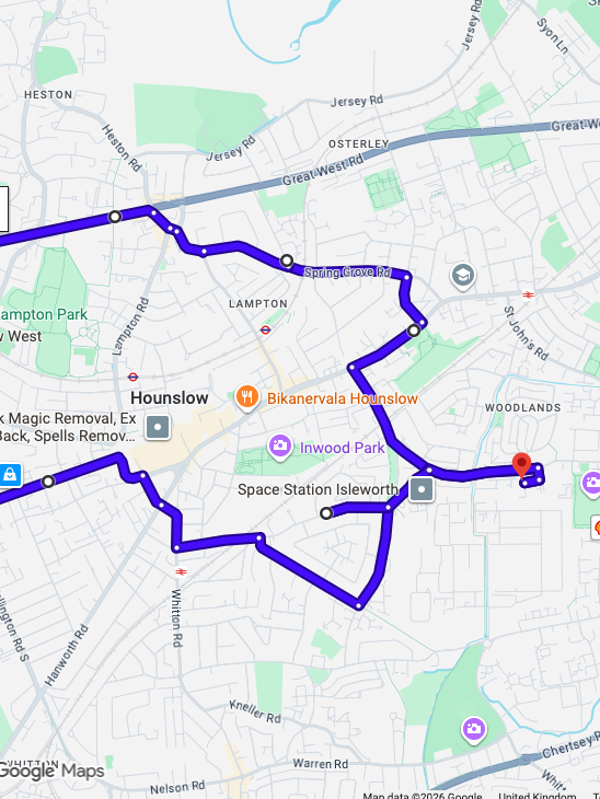 Isleworth (Fleming Way) driving test routes shown on Google Maps
