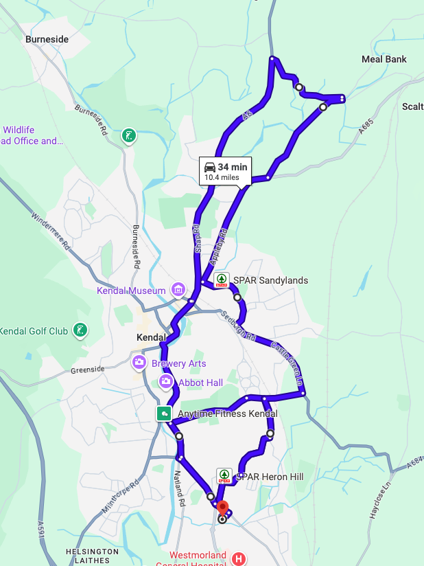 Kendal driving test routes shown on Google Maps