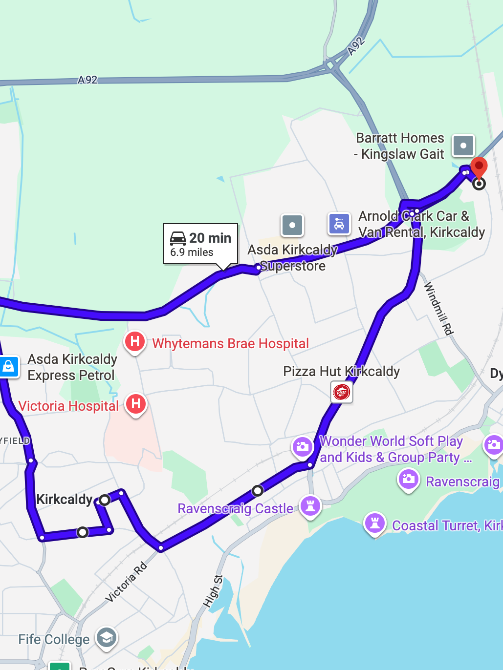 Glasgow Kirkcaldy driving test routes shown on Google Maps