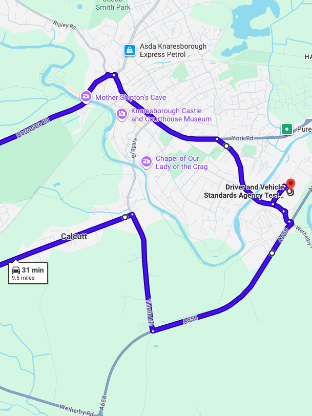 Knaresborough driving test routes shown on Google Maps
