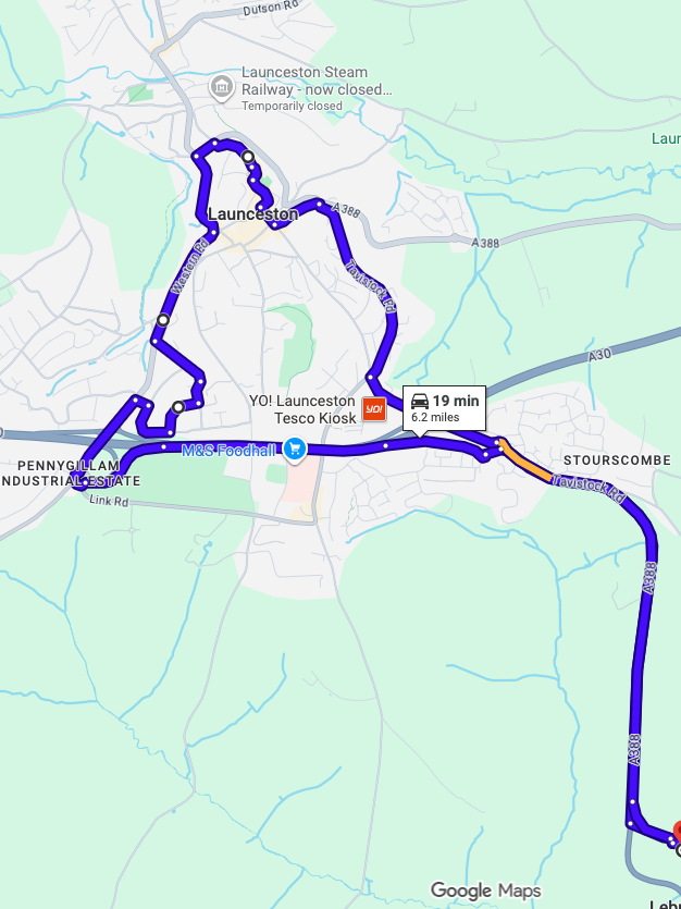 Launceston driving test routes shown on Google Maps
