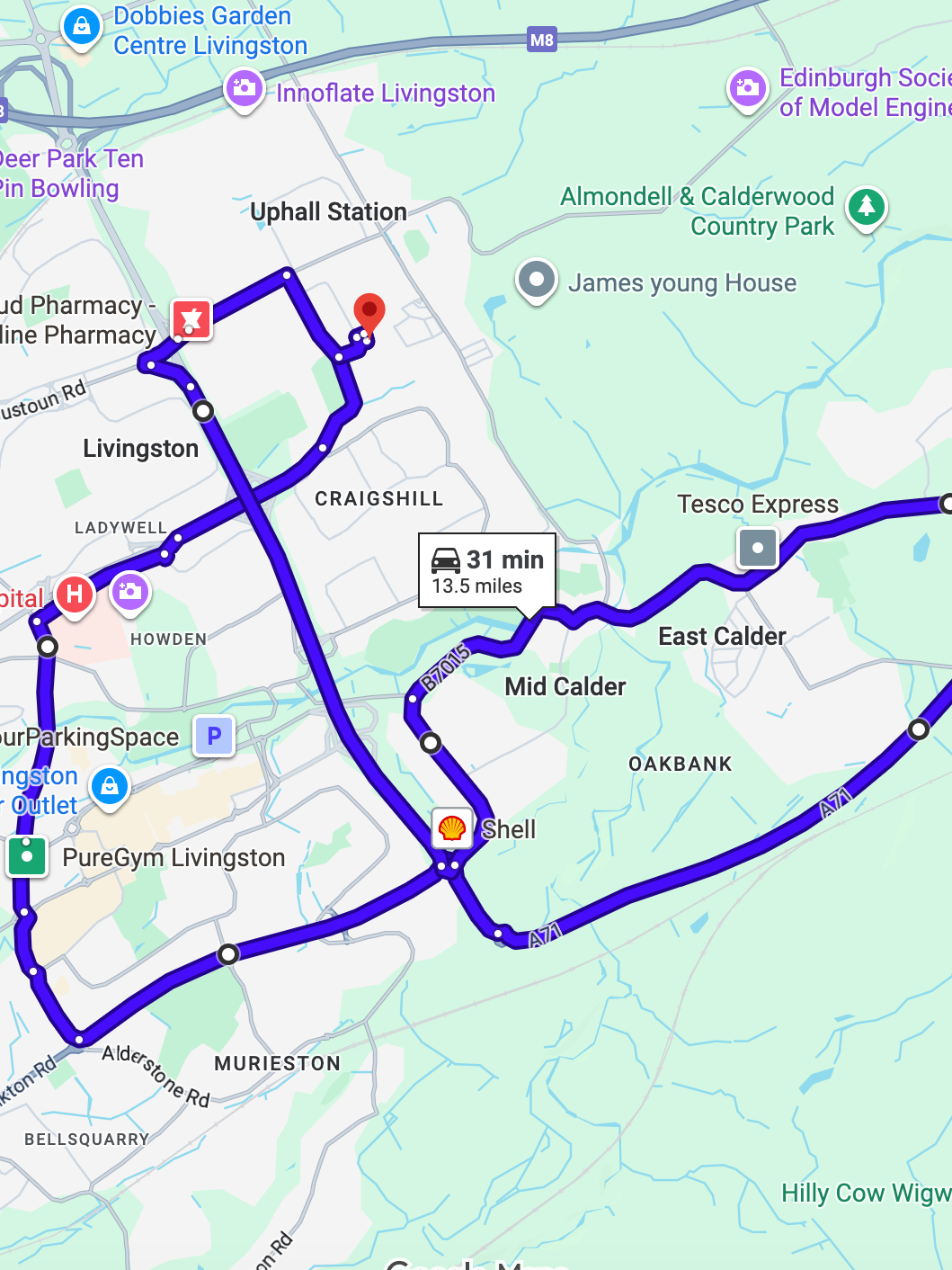 Glasgow Livingston driving test routes shown on Google Maps