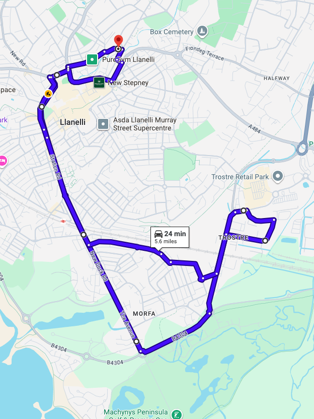 Llanelli driving test routes shown on Google Maps