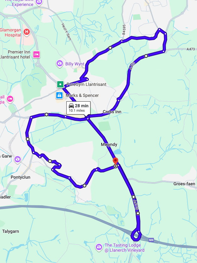 Llantrisant driving test routes shown on Google Maps
