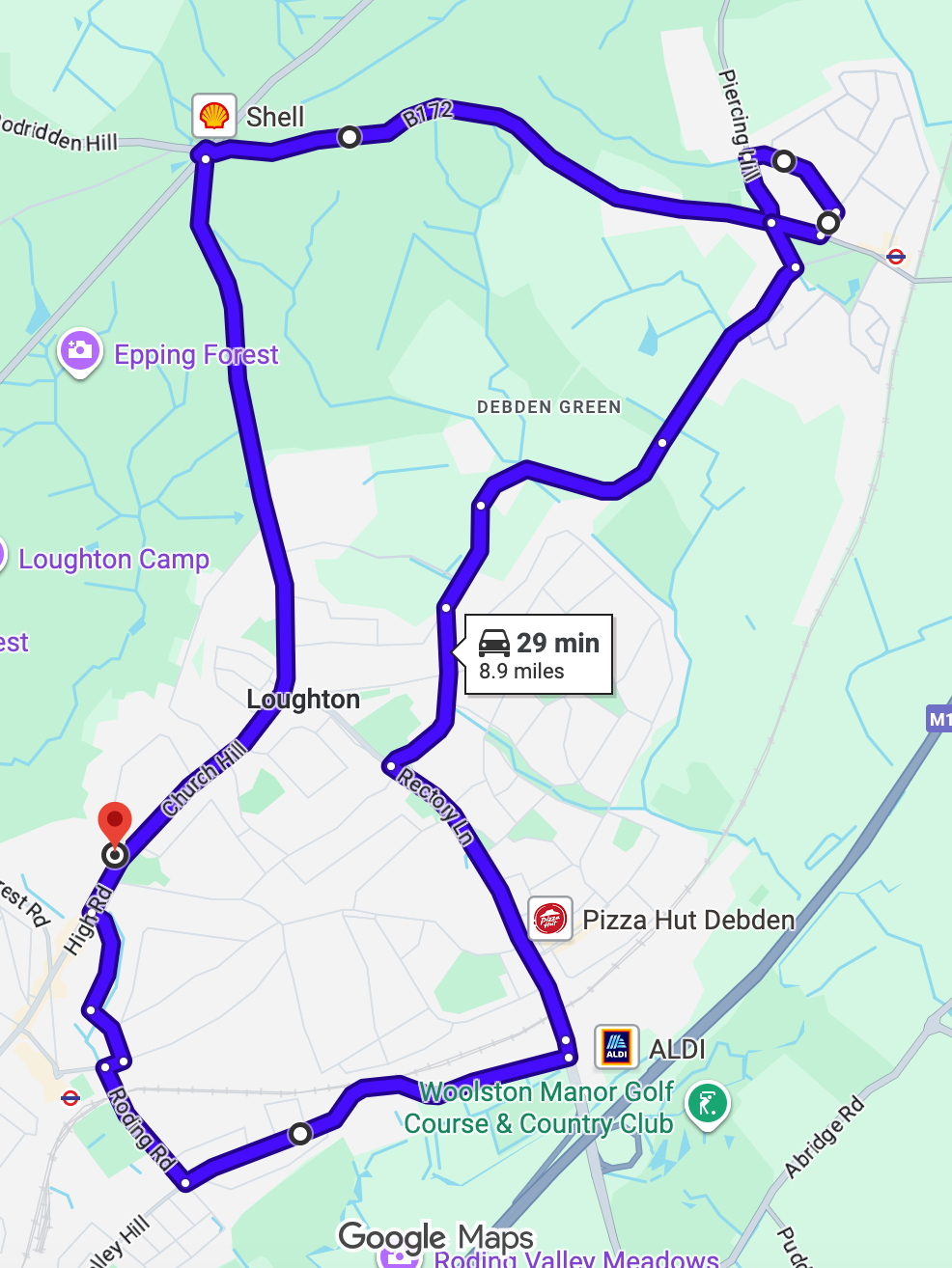 Loughton (London) driving test routes shown on Google Maps