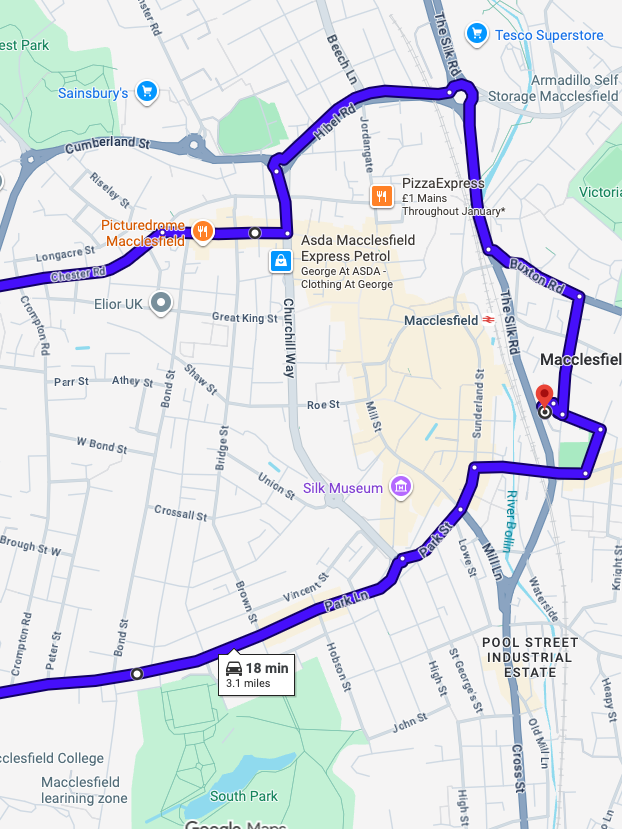 Macclesfield driving test routes shown on Google Maps
