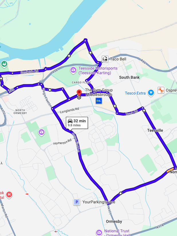 Middlesbrough driving test routes shown on Google Maps