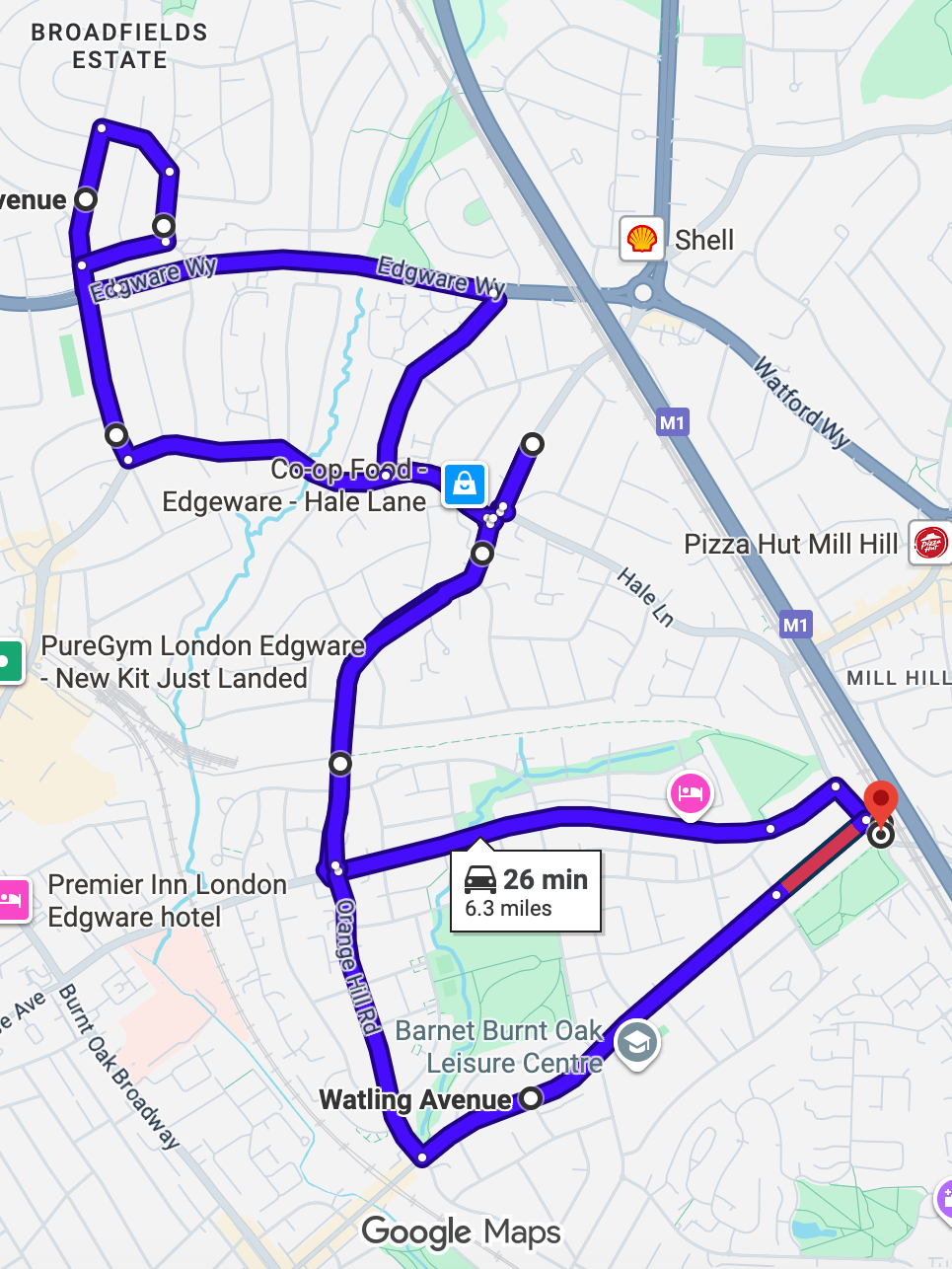 Mill Hill (London) driving test routes shown on Google Maps