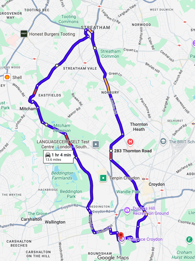 Mitcham (London) driving test routes shown on Google Maps