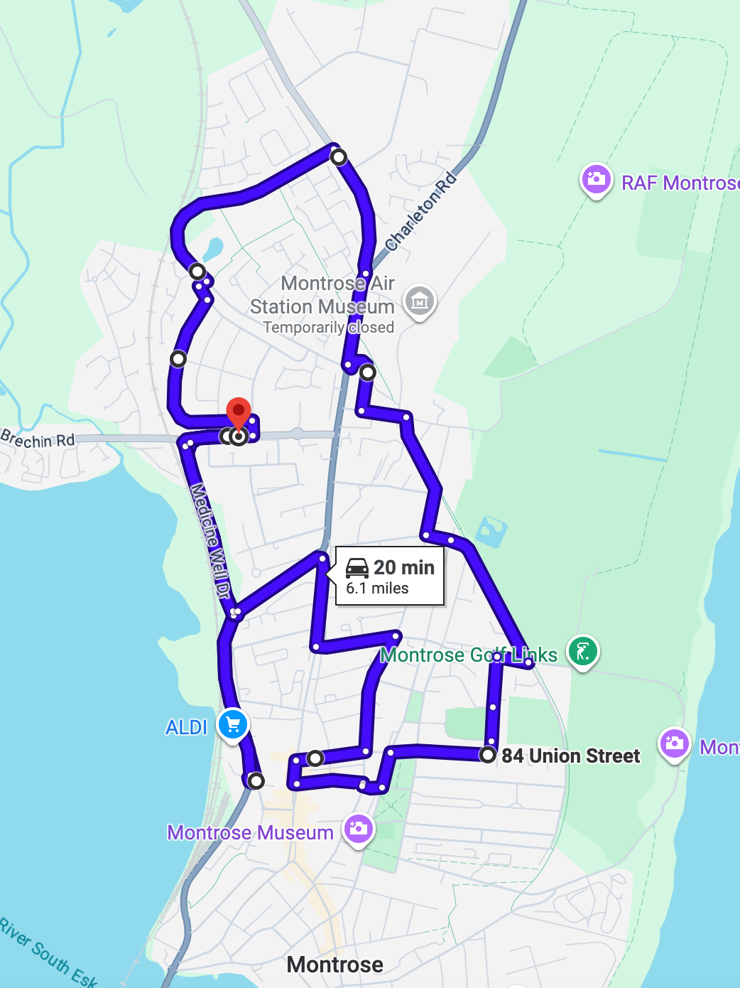 Glasgow Montrose driving test routes shown on Google Maps