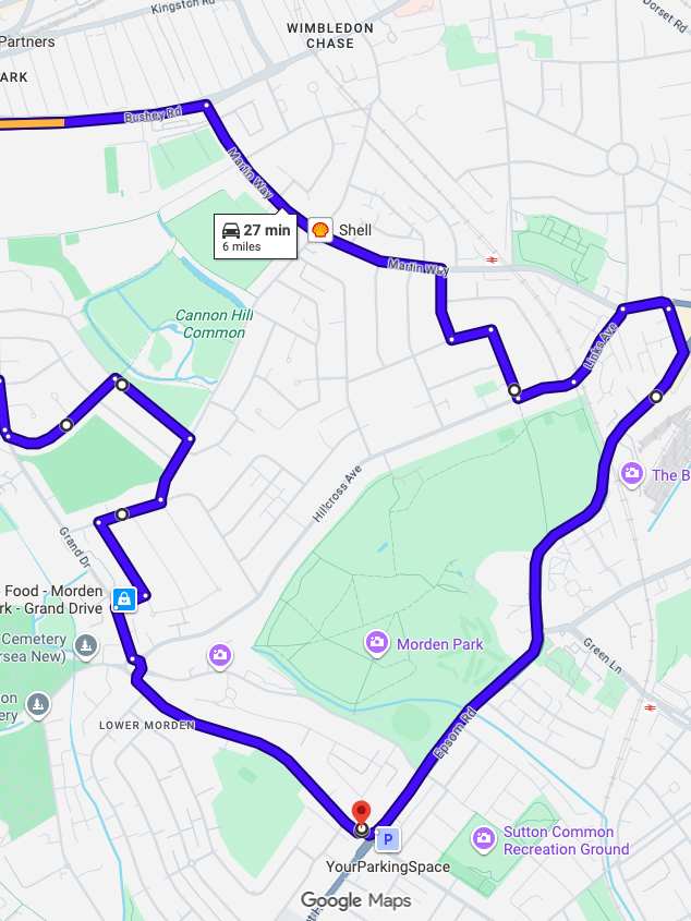 Morden (London) driving test routes shown on Google Maps

