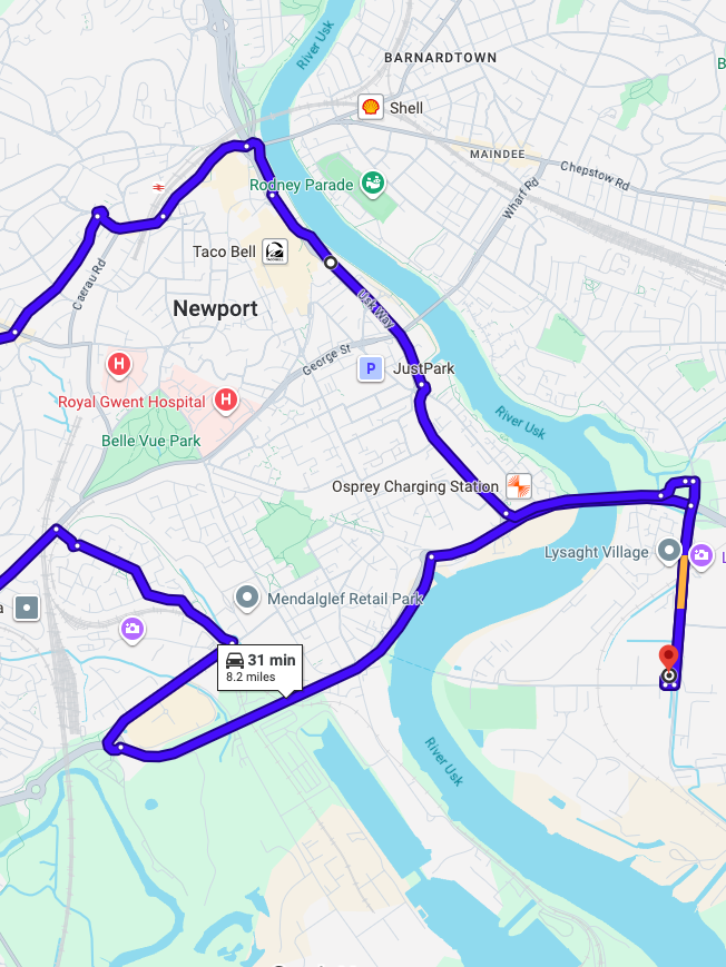 Newport (Gwent) driving test routes shown on Google Maps
