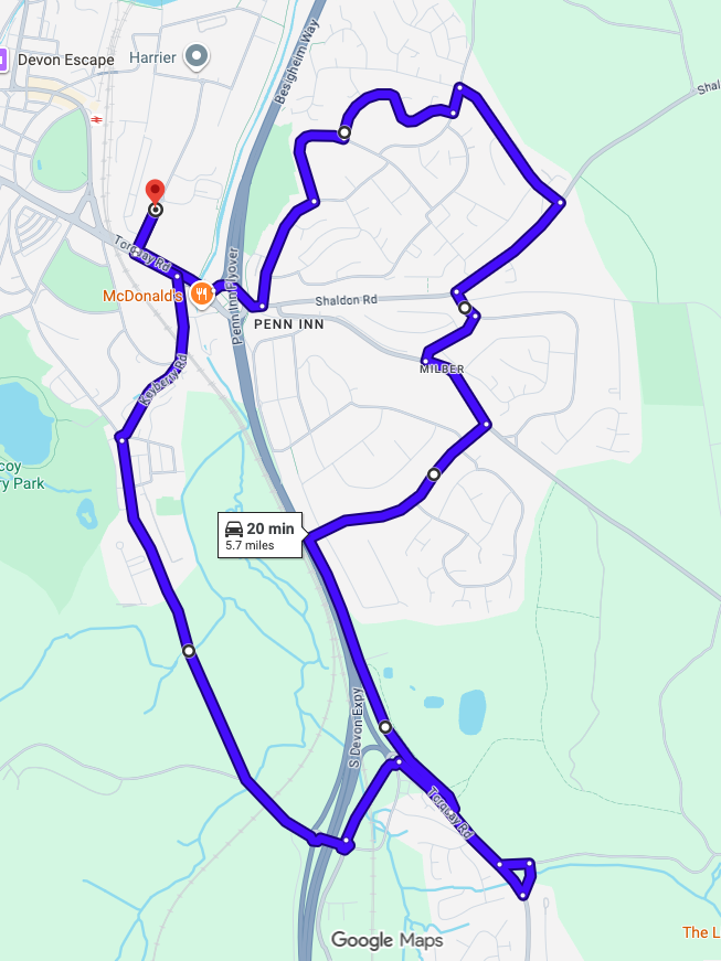 Newton Abbot driving test routes shown on Google Maps
