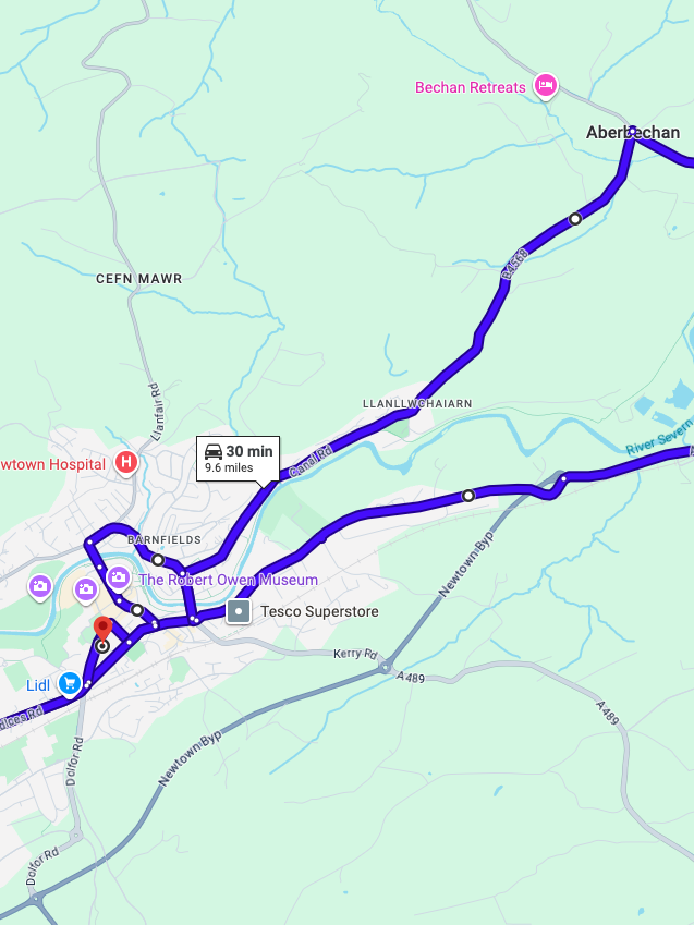 Newtown driving test routes shown on Google Maps