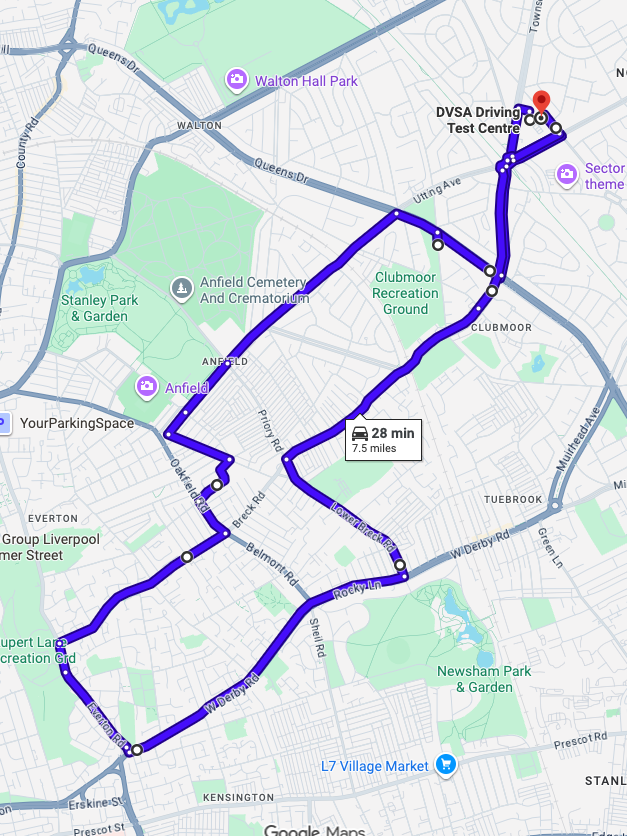 Norris Green driving test routes shown on Google Maps