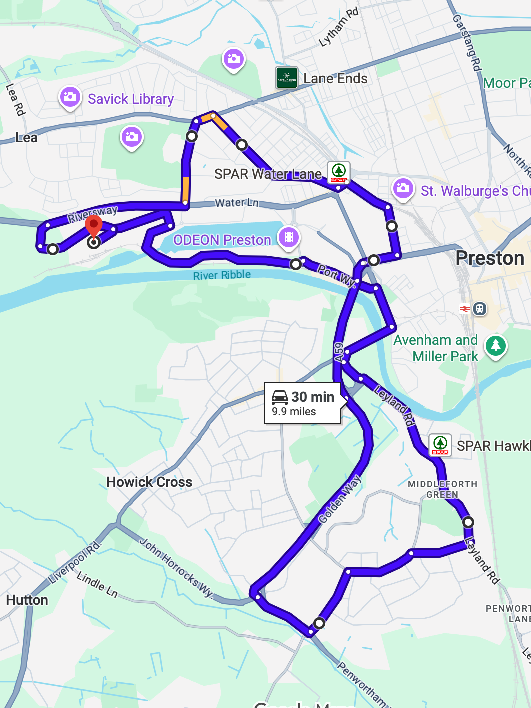 Preston driving test routes shown on Google Maps