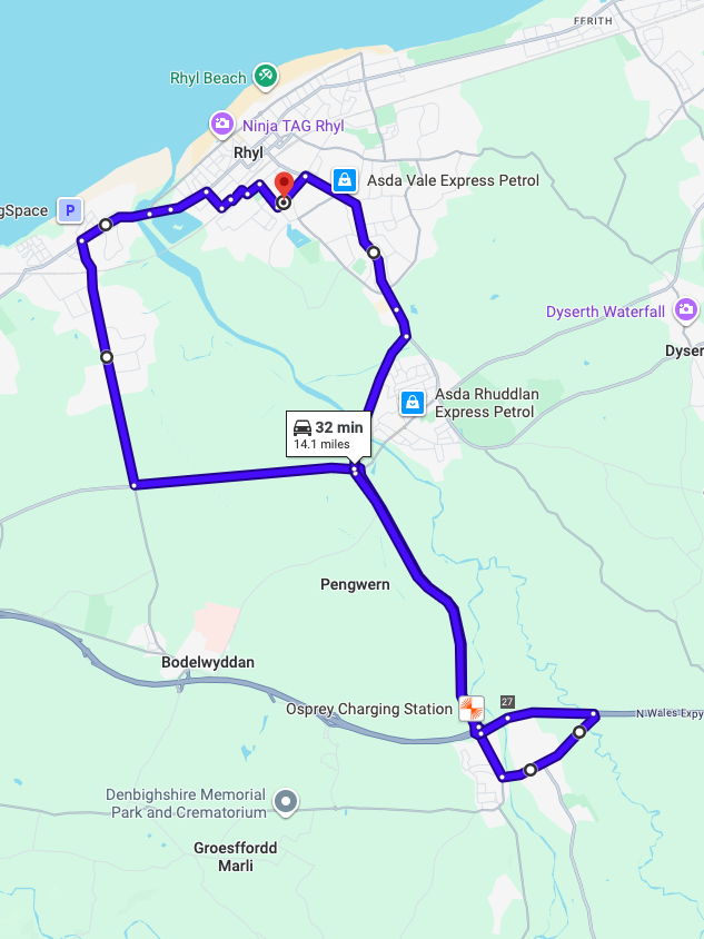 Rhyl driving test routes shown on Google Maps
