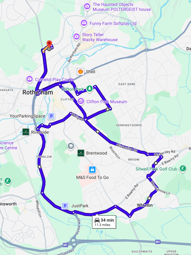 Rotherham driving test routes shown on Google Maps
