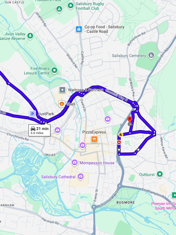 Salisbury driving test routes shown on Google Maps
