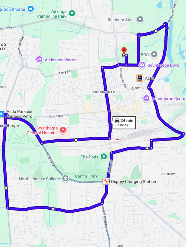 Scunthorpe driving test routes shown on Google Maps
