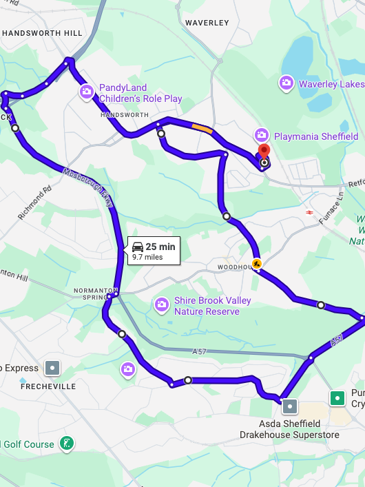 Sheffield (Handsworth) driving test routes shown on Google Maps
