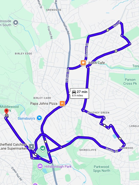 Sheffield (Middlewood Road) driving test routes shown on Google Maps
