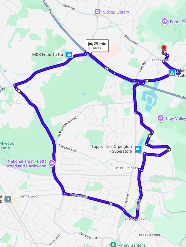 Sidcup (London) driving test routes shown on Google Maps