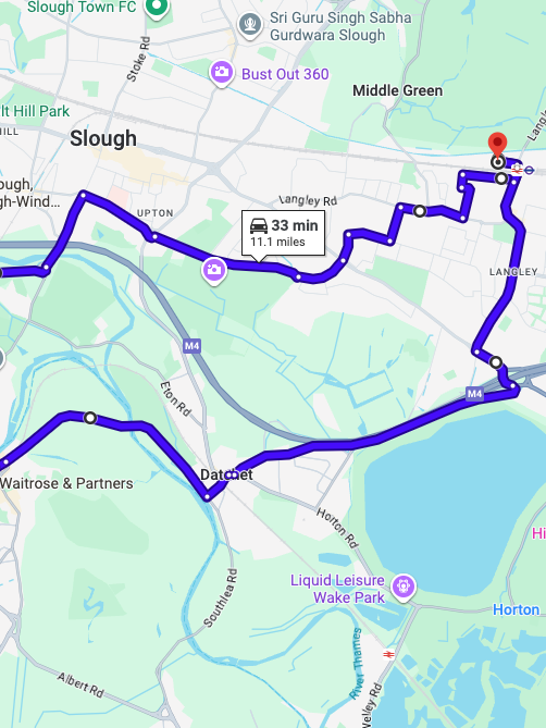 Slough (London) driving test routes shown on Google Maps