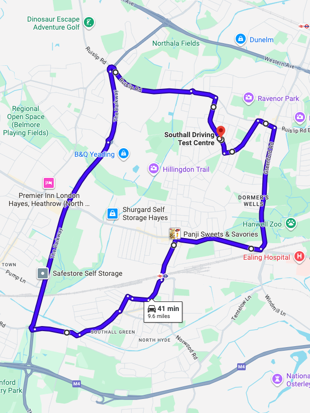 Southall (London) driving test routes shown on Google Maps