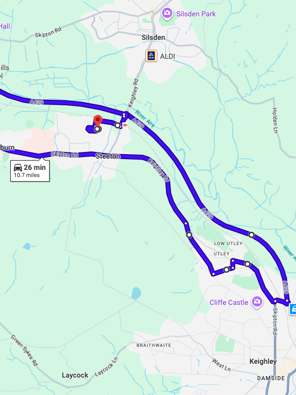 Steeton driving test routes shown on Google Maps
