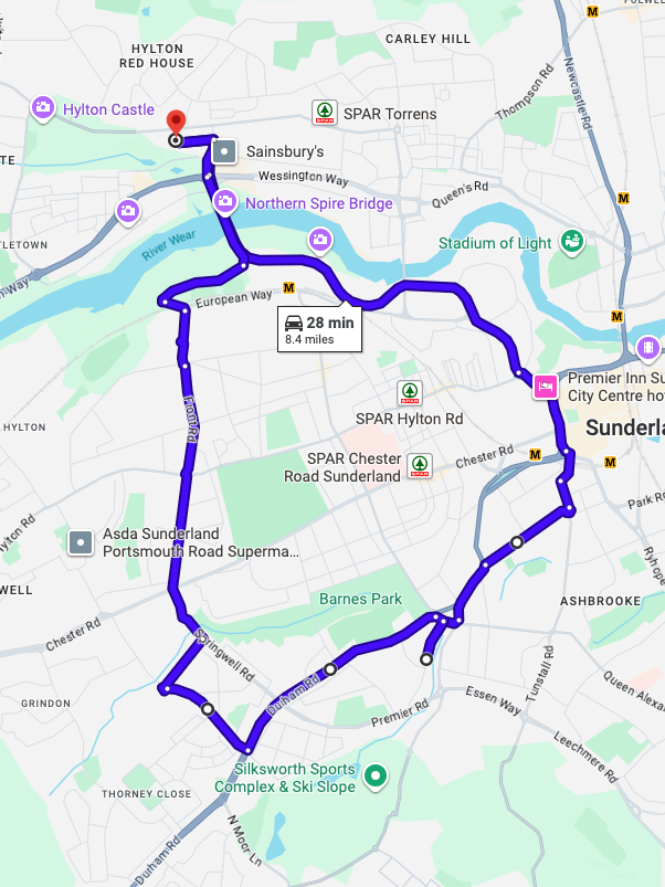 Sunderland driving test routes shown on Google Maps