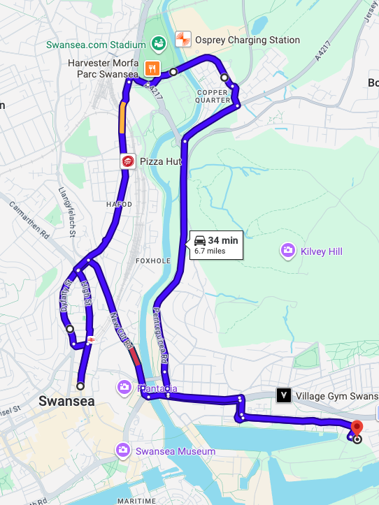 Swansea driving test routes shown on Google Maps