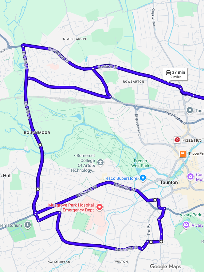 Taunton driving test routes shown on Google Maps
