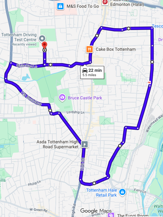 Tottenham driving test routes shown on Google Maps