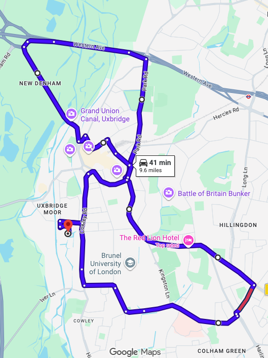Uxbridge (London) driving test routes shown on Google Maps
