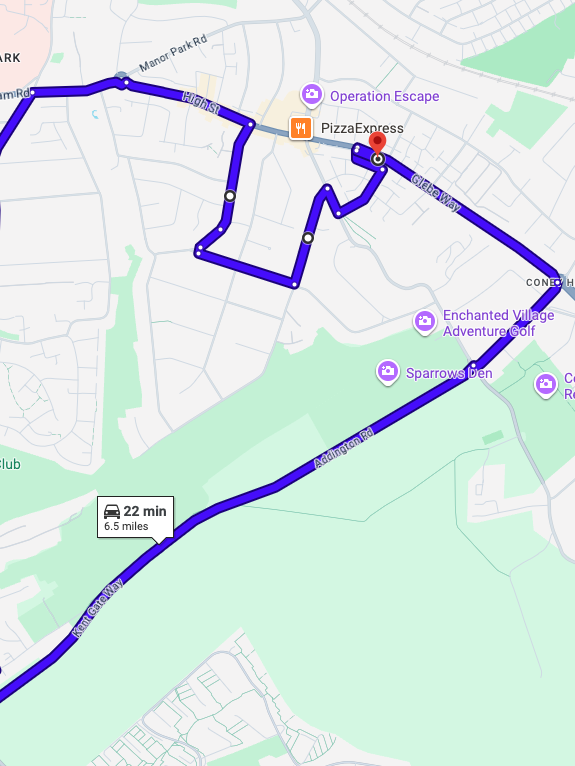 West Wickham (London) driving test routes shown on Google Maps