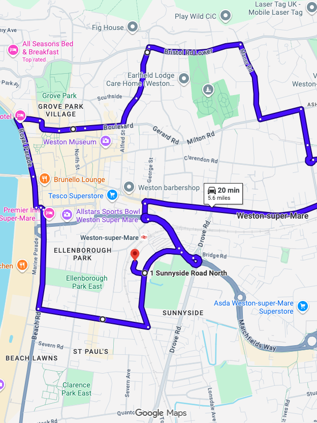 Weston-super-Mare driving test routes shown on Google Maps
