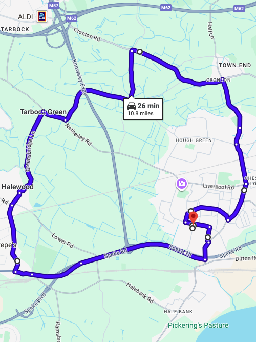Widnes driving test routes shown on Google Maps